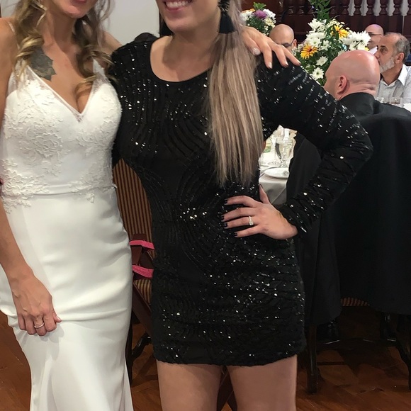 Black long sleeve mini dress with sequins. Worn once for a few hours. - Picture 2 of 3